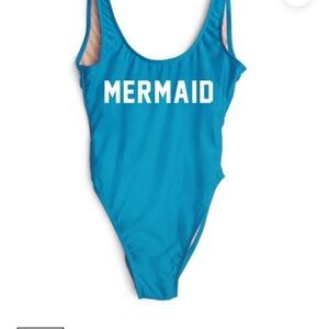 Blue One-Piece Swimsuit with 'Mermaid' Print